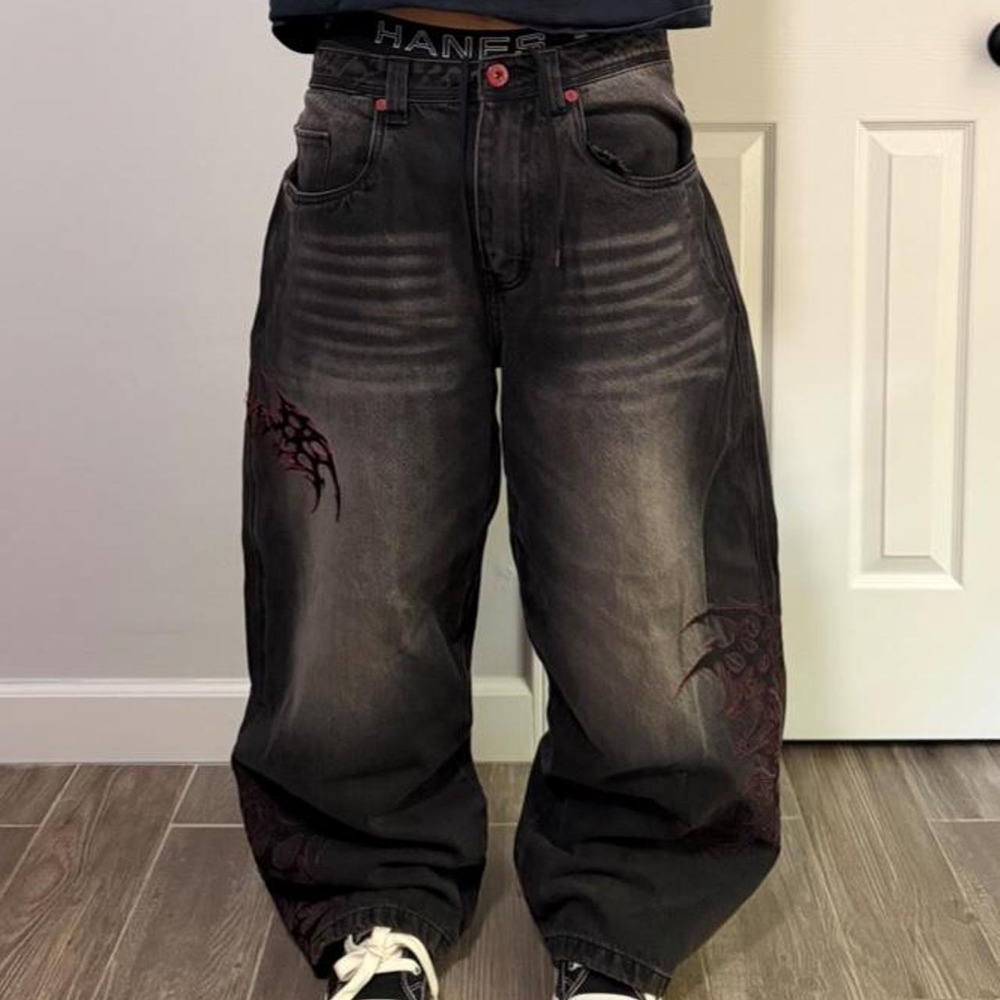 Y2K grunge baggy black embroidered jeans size 34